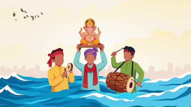 Devotees Gathering in River Water During a Traditional Ganesh Visarjan Immersion Ceremony Motion Video