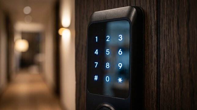 Digital keypad lock mounted on a wooden door inside a modern hallway