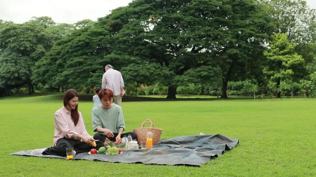Father, Little girl walking and spending time with father in the park. Happy Asian family having fun time on picnic at city nature park, outdoor activitie