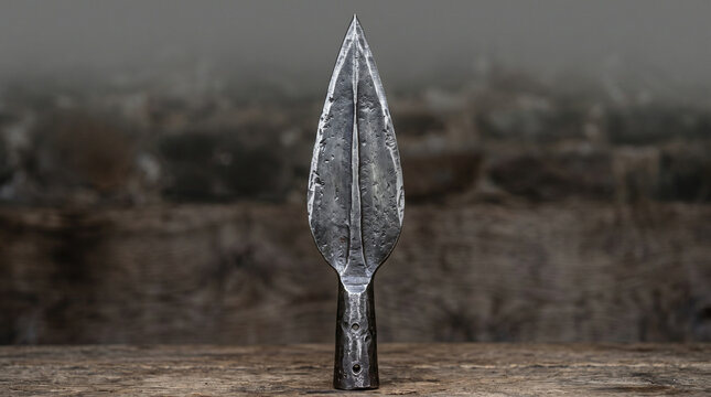 Forged medieval spearhead with intricate metalwork displayed on neutral studio background