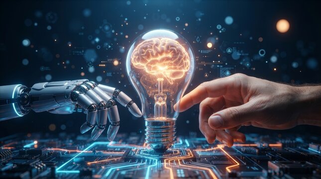 Digital circuit background featuring human and robot hands sparking a brain-filled lightbulb for collaborative intelligence.