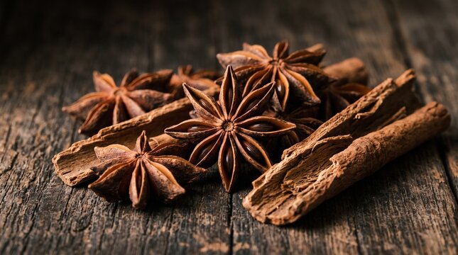 Aromatic star anise and cinnamon sticks arranged on a dark wooden surface