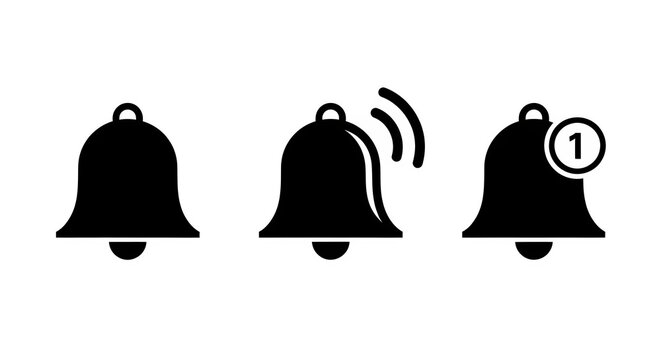 Set of three black notification bell icons for user interface design isolated on a transparent background