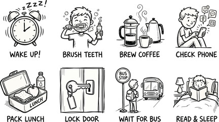 Obraz premium Hand-drawn daily routine icon set, 8 black and white morning habit doodle illustrations, lifestyle schedule vector elements for planners