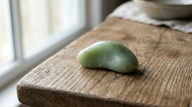 Smooth green nephrite jade stone resting on a rustic wooden plank