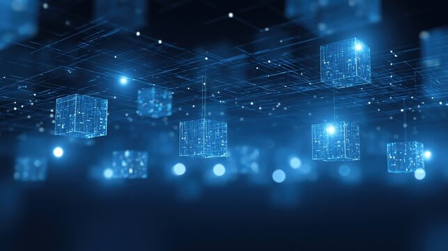 Blue glowing wireframe cubes suspended in digital network