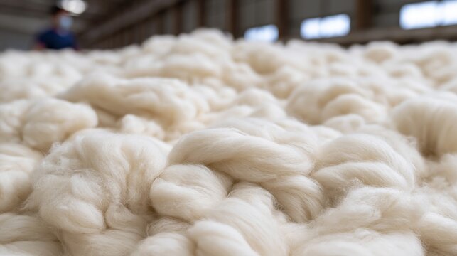 Raw wool fleece piled in warehouse with worker