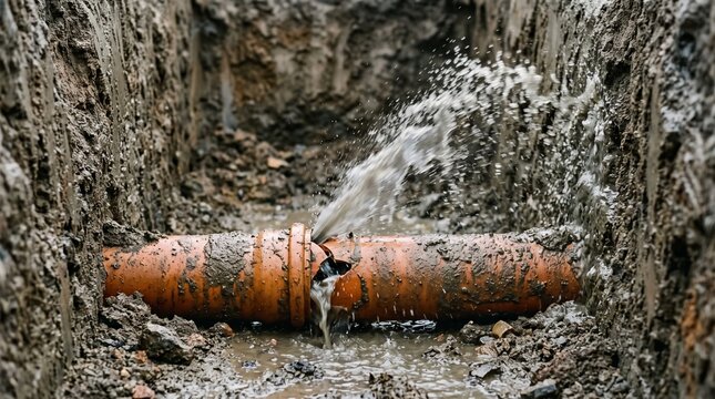 Damaged orange water pipe leaking forcefully in a deep muddy construction trench
