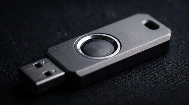 Metallic USB flash drive with fingerprint scanner resting on dark surface
