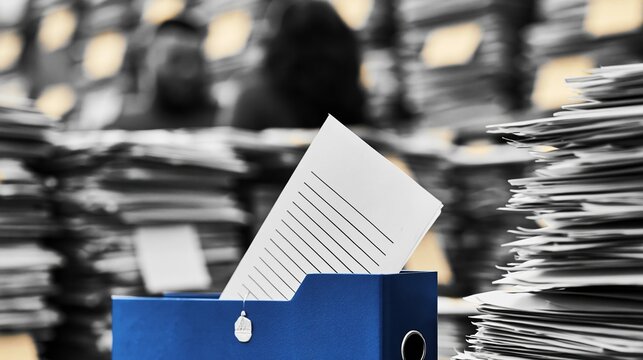 blue folder with paperwork on desk amid office