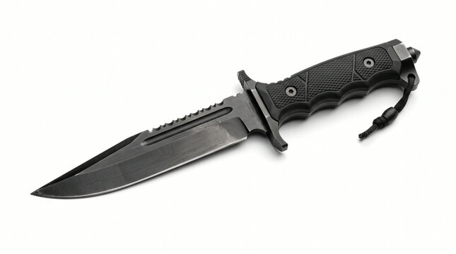 Black tactical combat knife with a serrated blade isolated on a white background