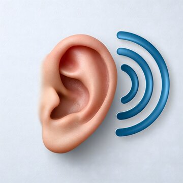 Minimal medical illustration of an ear surrounded by circular sound waves, tinnitus awareness concept, clean white background, modern vector design, copy space