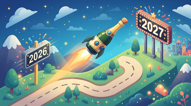 Champagne bottle shaped like a rocket blasting off along a winding road from 2026 to 2027.