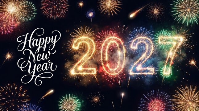 Happy new year 2027 celebration with fireworks and sparkles