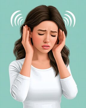 Flat vector illustration of a distressed woman covering her ears, swirling sound waves around her head, tinnitus awareness and healthcare education, clean modern design