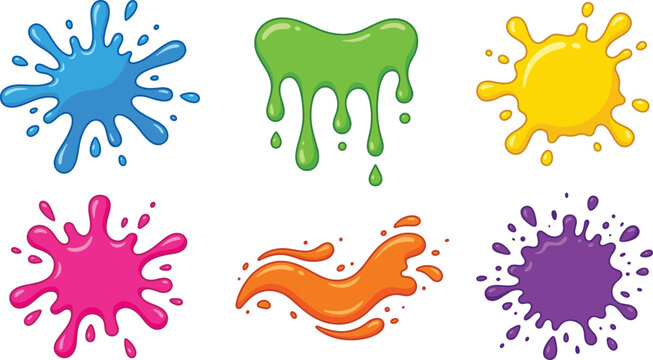 Colorful Cartoon Slime and Paint Splat Icon Set with Liquid Drip Blot and Splash Symbols for Creative Graphic Designs