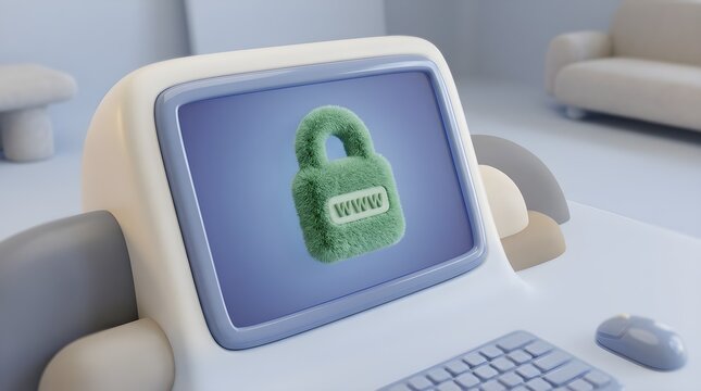 Closeup on LCD screen with focus on www padlock. Internet security cybersecurity concept. 3d illustration