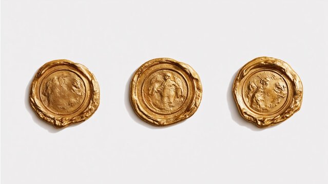 Three antique golden wax seals arranged on white