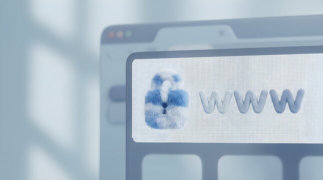 Closeup on LCD screen with focus on www padlock. Internet security cybersecurity concept. 3d illustration