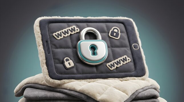 Closeup on LCD screen with focus on www padlock. Internet security cybersecurity concept. 3d illustration
