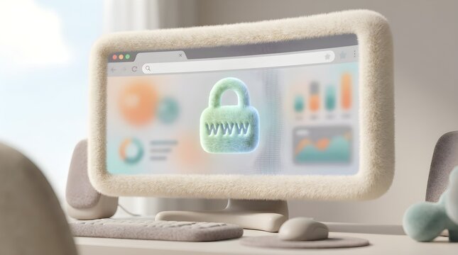 Closeup on LCD screen with focus on www padlock. Internet security cybersecurity concept. 3d illustration