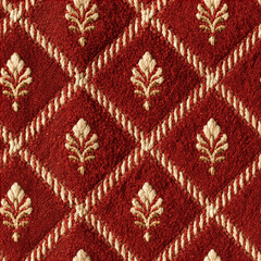 Naklejka premium Seamless pattern red velvet fabric showing elegant gold embroidery within a diamond quilted pattern, creating a luxurious and textured background
