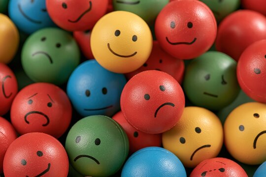Colorful smiley face balls expressing various emotions