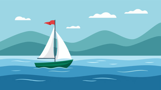 Minimalist flat design illustration of a sailboat on calm water with mountains