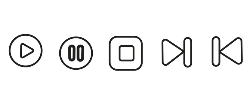 Minimal media player control line icons displaying play pause stop next track and previous track buttons for digital audio video player user interface design