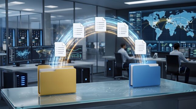 Yellow and blue file folders on a glass desk with glowing data transfer arcs and professional workers in the background. Concept of file sharing, corporate communication, and document management.