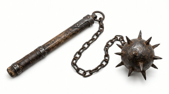 Antique medieval flail weapon with spiked ball and chain displayed on neutral background