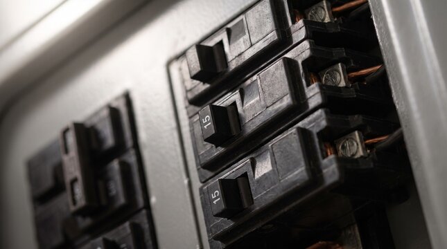 Close-up of residential electrical breaker panel with multiple switches