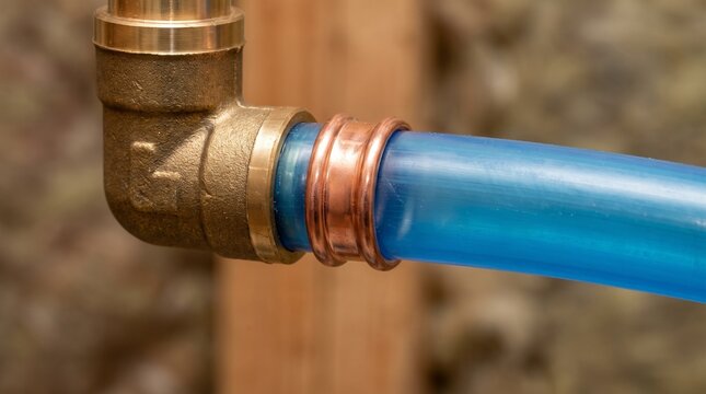 Close up of plumbing PEX pipe connection with brass elbow fitting