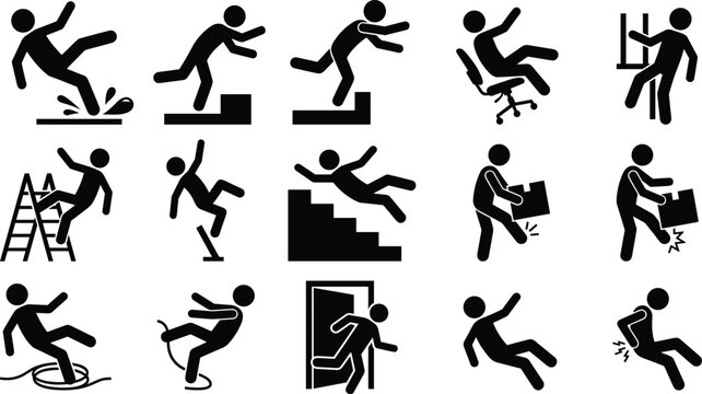Workplace accident and safety hazard stick figure silhouette icon set showing person falling tripping slipping lifting injury and stumbling vector