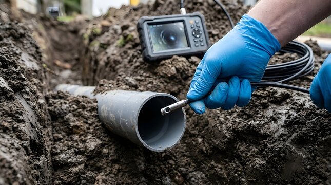 Professional plumber using a digital sewer inspection camera to diagnose blockages or damage in an underground PVC drainage pipe within a soil trench, featuring a handheld monitor display.
