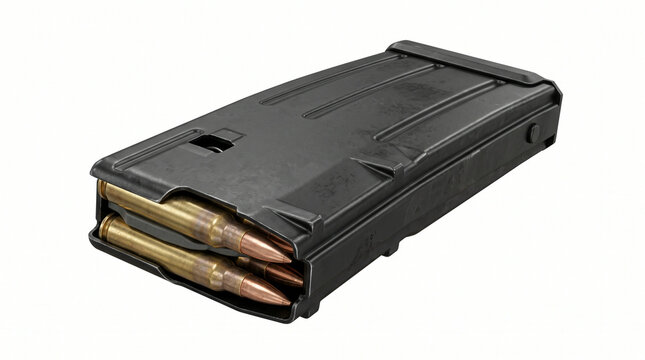 Filled black rifle ammunition magazine loaded with brass-cased rounds for tactical shooting training