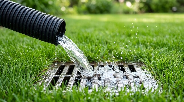 Clear water flowing from a black corrugated drainage pipe into a metal grate on a lush green lawn, demonstrating an efficient residential garden water management and irrigation system.