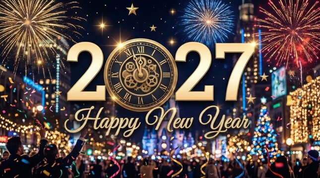 Happy new year 2027 celebration with fireworks and clock