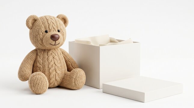 Knitted brown teddy bear sits beside an open white cardboard gift box with tissue paper under soft studio lighting