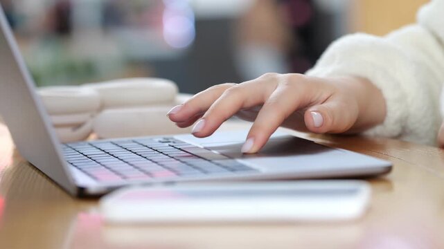 Close-up of hand typing on laptop keyboard. Warm wooden table surface under device. Soft focus background with blurred objects. White sweater sleeve visible. Phone lies beside laptop on desk