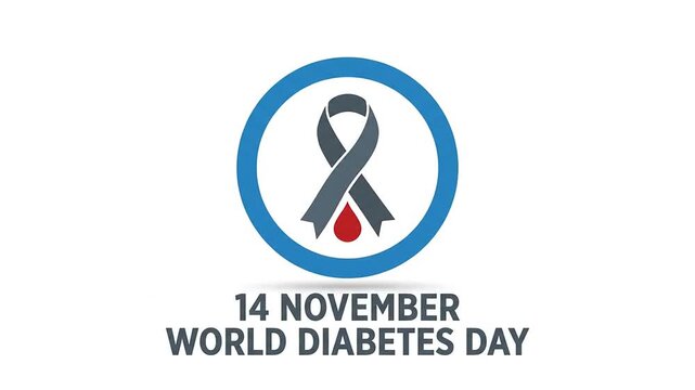 World Diabetes Day animation featuring the blue circle symbol, grey ribbon, and a red blood drop on a white background with a gentle light sweep.
