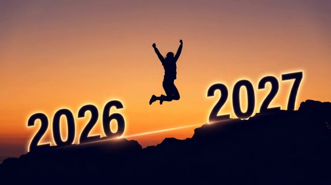 Person joyfully jumping between 2026 and 2027 at sunset