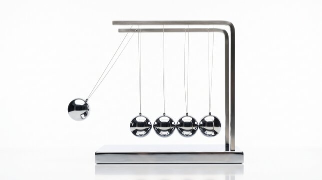 Shiny chrome Newton cradle balls illustrate physical motion and kinetic energy transfer through steel spheres on a clean white surface