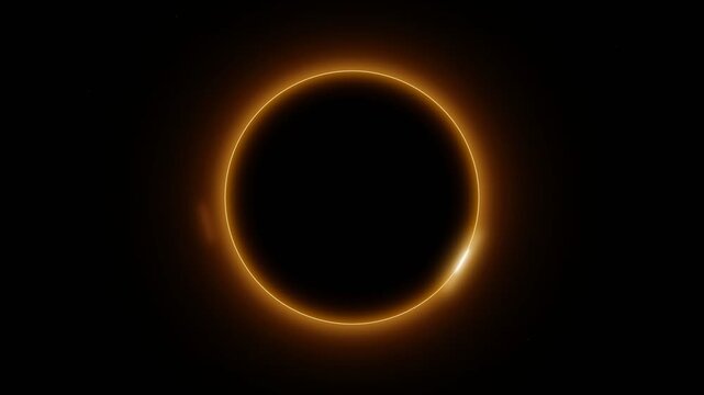 A stunning total solar eclipse shines brightly in the dark cosmos, casting an amber golden glow around the darkened lunar disk during a rare astronomical alignment visible across the universe
