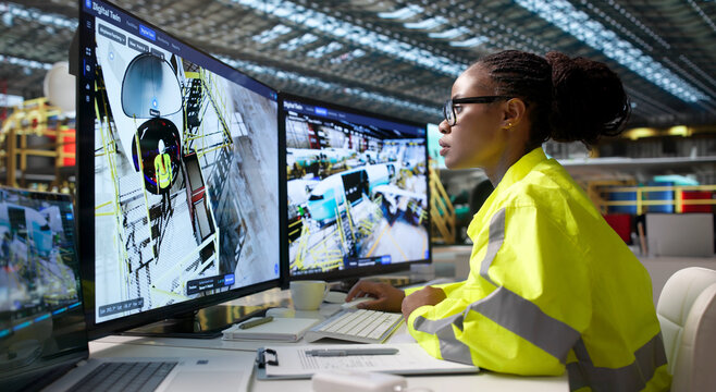 Engineer Carefully Monitors Real-time 3D Twin Simulation