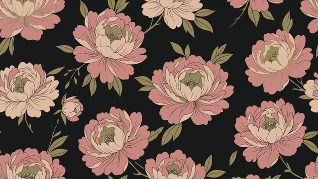 Intricate pink roses floral pattern on dark background suitable for textiles and wallpaper. Flat vector illustration EPS 10.