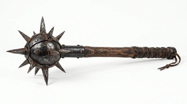 Antique medieval spiked mace with leather-wrapped handle displayed against neutral studio background