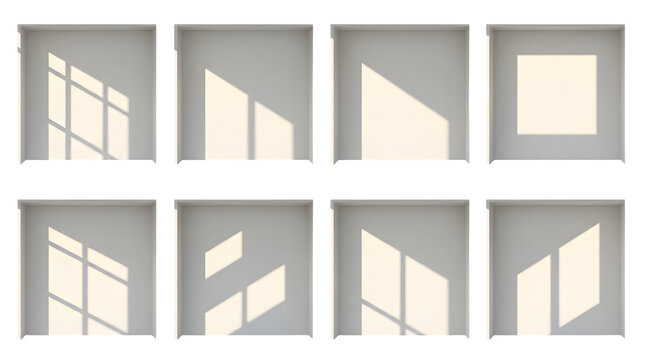 Minimalist window shadow overlay collection, set of 8 realistic sunlight effects on gray wall, architectural light and shadow scene creator