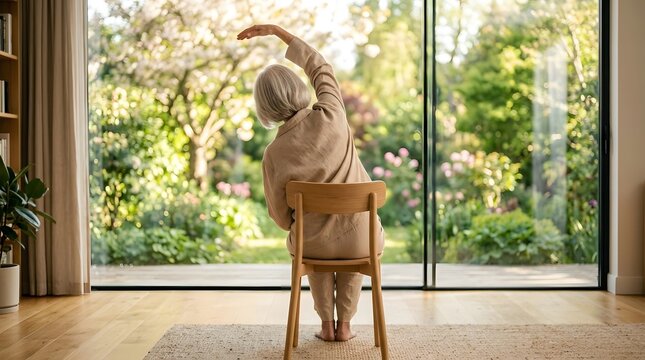 Back view of a senior woman with grey hair sitting on a wooden chair and doing side stretch exercises in a bright living room facing a lush green garden, concept of healthy aging and wellness.
