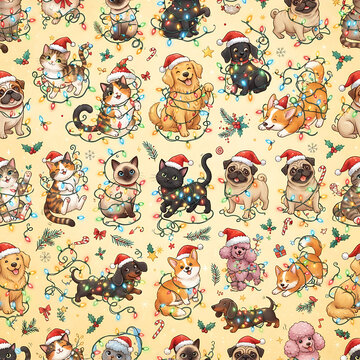 Cute cats and dogs wearing Santa hats and tangled in festive string lights create a seamless pattern on a cream background.